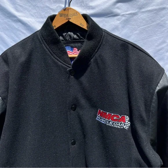 Vintage NMCA Muscle Car Leather & Wool Black Bomber Varsity Coat Jacket Size XL